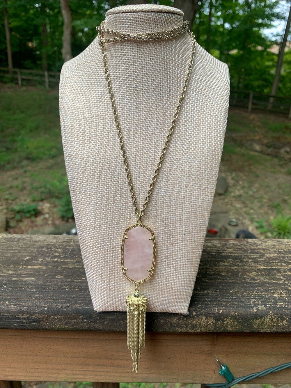 Kendra Scott Rose Quartz Rayna Gold-Tone Necklace with Pendant and Gold Tassel